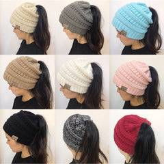 High Bun Ponytail Beanie Hat Chunky Soft Stretch Cable Knit Warm Fuzzy Lined Skull Beanie Acrylic Hats Men And Women