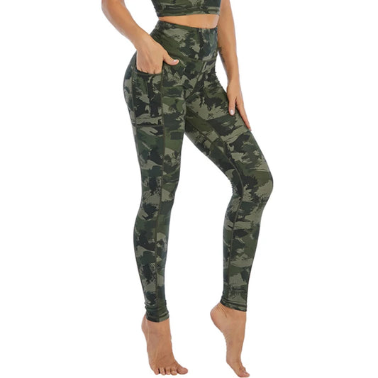 Jjunlim Gym Suits Pluz Size Women Green Camo Yoga Pants Fitness Leggings Pocket Gym Tights Women High Waist Running Pants