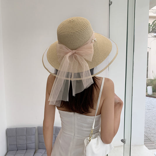 Big Brim Pearl Straw Hat With Bow Visor