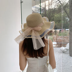 Big Brim Pearl Straw Hat With Bow Visor