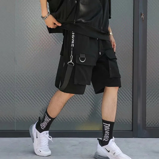 Summer Men Shorts Techwear Japanese Harajuku Fashion Hip Hop Punk Streetwear Cargo Shorts for Male Joggers Ribbons Baggy Clothes