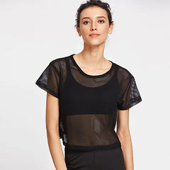 Women's Mesh Yoga Shirt Sexy Short Sleeve T-Shirt Sport Top Blouse Cover Up Quick Dry Gym Clothes Running Fitness Tank Sportwear