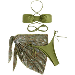 Ins Drawstring Strap Swimsuit, Short Dress, Mesh, Three-Piece, Sexy, Slimming Bikini, European and American