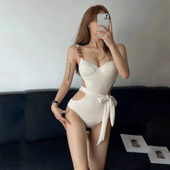 Black Fancy Fashion One-Piece 2023 New Swimsuit Female Gathering Small Chest Steel Bracket Belly Covering Beach Vacation Swimsuit