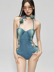 Roccayi Original American Style Sexy Retro Denim Waist Trimming Lace up Slim Looking Belly Covering Hot Spring Vacation One Piece Swimsuit Women