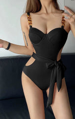 Black Fancy Fashion One-Piece 2023 New Swimsuit Female Gathering Small Chest Steel Bracket Belly Covering Beach Vacation Swimsuit