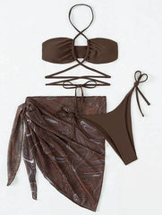 Ins Drawstring Strap Swimsuit, Short Dress, Mesh, Three-Piece, Sexy, Slimming Bikini, European and American
