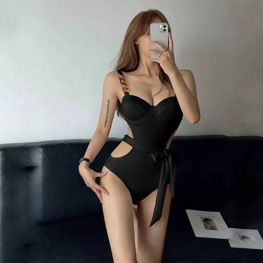 Black Fancy Fashion One-Piece 2023 New Swimsuit Female Gathering Small Chest Steel Bracket Belly Covering Beach Vacation Swimsuit