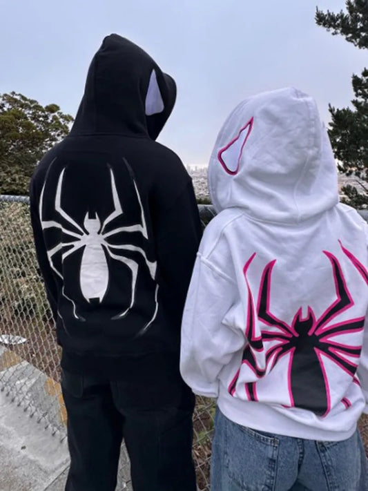 Y2k Spider Print Women Men Hoodies Hip Hop Zipper Long Sleeve Jacket Coats Autumn Winter Harajuku Casual Loose Hooded Sweatshirt