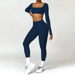 Hearuisavy 2PCS Long Sleeve Gym Set Women Yoga Clothes Quick-Drying Sportswear Running Leggings Workout Sports Crop Top Women