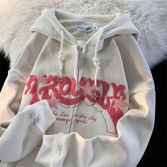 Corduroy Y2k Zip Up Hoodie Women Retro Embroidered Letter Loose Long Sleeve Tops 2024 Casual Hooded Sweatshirts Harajuku Jackets