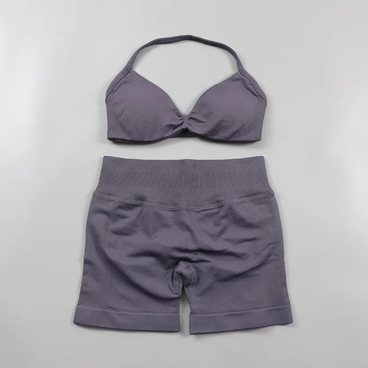 Ruched Seamless Yoga Set Women Sportswear Impact Gym Shorts Strappy Sports Bra 2 Piece Set Halter Workout Clothes Fitness Suit
