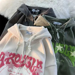 Corduroy Y2k Zip Up Hoodie Women Retro Embroidered Letter Loose Long Sleeve Tops 2024 Casual Hooded Sweatshirts Harajuku Jackets