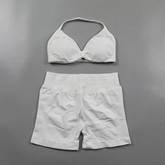 Ruched Seamless Yoga Set Women Sportswear Impact Gym Shorts Strappy Sports Bra 2 Piece Set Halter Workout Clothes Fitness Suit