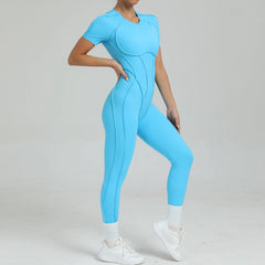 Women's One-Piece Suit Zipper Short Sleeve Gym Push Up Workout Clothes Fitness Short Bodysuit Sportswear Jumpsuits