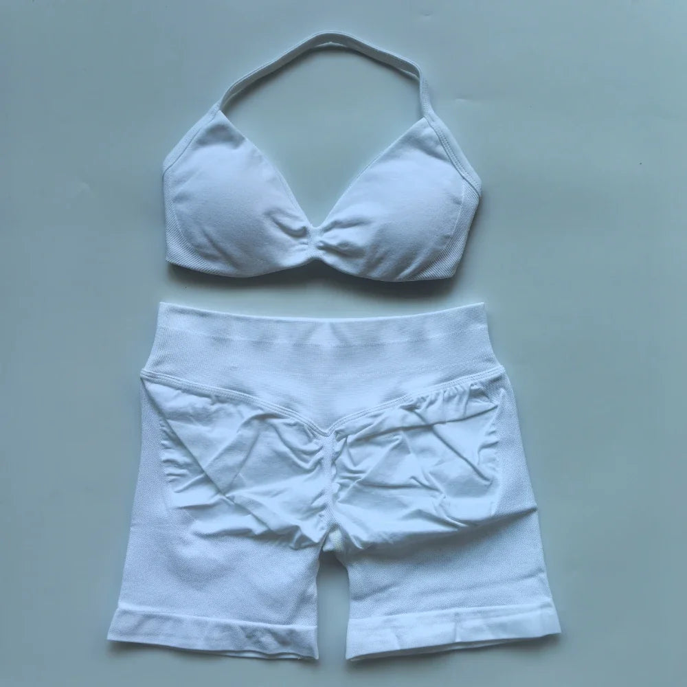 2PCS Impact Gym Set Women Strappy Yoga Bra Top High Waist Workout Scrunch Shorts Sports Suit Seamless Yoga Set Fitness Clothes