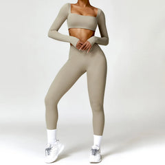 Hearuisavy 2PCS Long Sleeve Gym Set Women Yoga Clothes Quick-Drying Sportswear Running Leggings Workout Sports Crop Top Women
