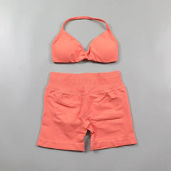 Ruched Seamless Yoga Set Women Sportswear Impact Gym Shorts Strappy Sports Bra 2 Piece Set Halter Workout Clothes Fitness Suit