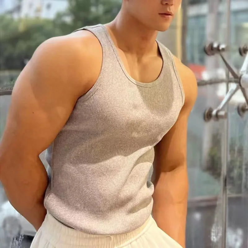 Men's Fitness Vest Cotton Breathable Vertical Striped Sleeveless Tops Solid Color Sports Casual Tank Gym Muscular Men Clothes