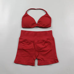Ruched Seamless Yoga Set Women Sportswear Impact Gym Shorts Strappy Sports Bra 2 Piece Set Halter Workout Clothes Fitness Suit