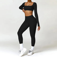 Hearuisavy 2PCS Long Sleeve Gym Set Women Yoga Clothes Quick-Drying Sportswear Running Leggings Workout Sports Crop Top Women