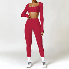 Hearuisavy 2PCS Long Sleeve Gym Set Women Yoga Clothes Quick-Drying Sportswear Running Leggings Workout Sports Crop Top Women