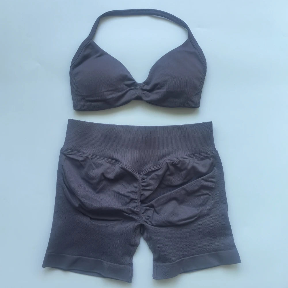 2PCS Impact Gym Set Women Seamless Strappy Yoga Bra Top High Waist Workout Scrunch Shorts Sports Suit Fitness Clothes Sportswear
