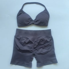 2PCS Impact Gym Set Women Seamless Strappy Yoga Bra Top High Waist Workout Scrunch Shorts Sports Suit Fitness Clothes Sportswear
