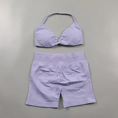 Ruched Seamless Yoga Set Women Sportswear Impact Gym Shorts Strappy Sports Bra 2 Piece Set Halter Workout Clothes Fitness Suit
