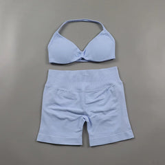 Ruched Seamless Yoga Set Women Sportswear Impact Gym Shorts Strappy Sports Bra 2 Piece Set Halter Workout Clothes Fitness Suit