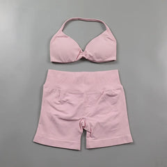 Ruched Seamless Yoga Set Women Sportswear Impact Gym Shorts Strappy Sports Bra 2 Piece Set Halter Workout Clothes Fitness Suit