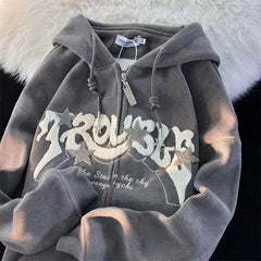 Corduroy Y2k Zip Up Hoodie Women Retro Embroidered Letter Loose Long Sleeve Tops 2024 Casual Hooded Sweatshirts Harajuku Jackets