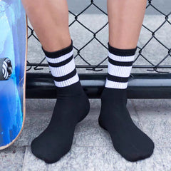 Trendy Pure Cotton Mid-calf Length Socks High-top Skateboard Basketball Socks Fashion Striped Athletic Socks