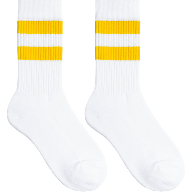 Socks Control White Yellow Stripes Two Bars Sports Socks Mid-high Fitness Cotton Socks