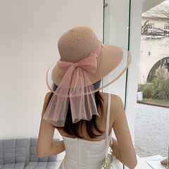 Big Brim Pearl Straw Hat With Bow Visor