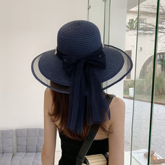 Big Brim Pearl Straw Hat With Bow Visor