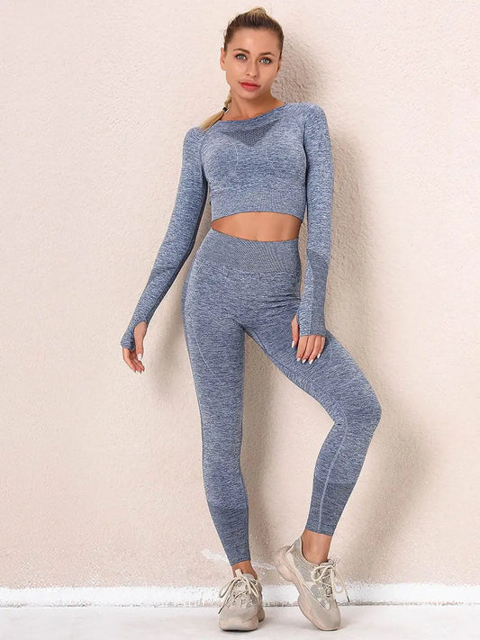 Seamless Women Gym Sets Female Sport Leggings Gym Suits Wear Running Clothes Fitness Sport Workout Suit Long Sleeve Shirts Bra