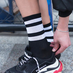 Trendy Pure Cotton Mid-calf Length Socks High-top Skateboard Basketball Socks Fashion Striped Athletic Socks