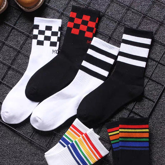 Trendy Pure Cotton Mid-calf Length Socks High-top Skateboard Basketball Socks Fashion Striped Athletic Socks