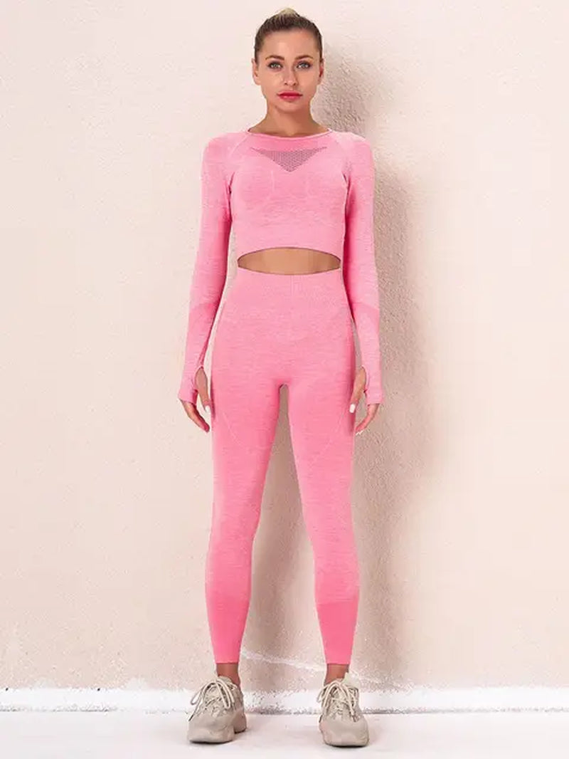 Seamless Women Gym Sets Female Sport Leggings Gym Suits Wear Running Clothes Fitness Sport Workout Suit Long Sleeve Shirts Bra