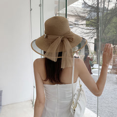 Big Brim Pearl Straw Hat With Bow Visor